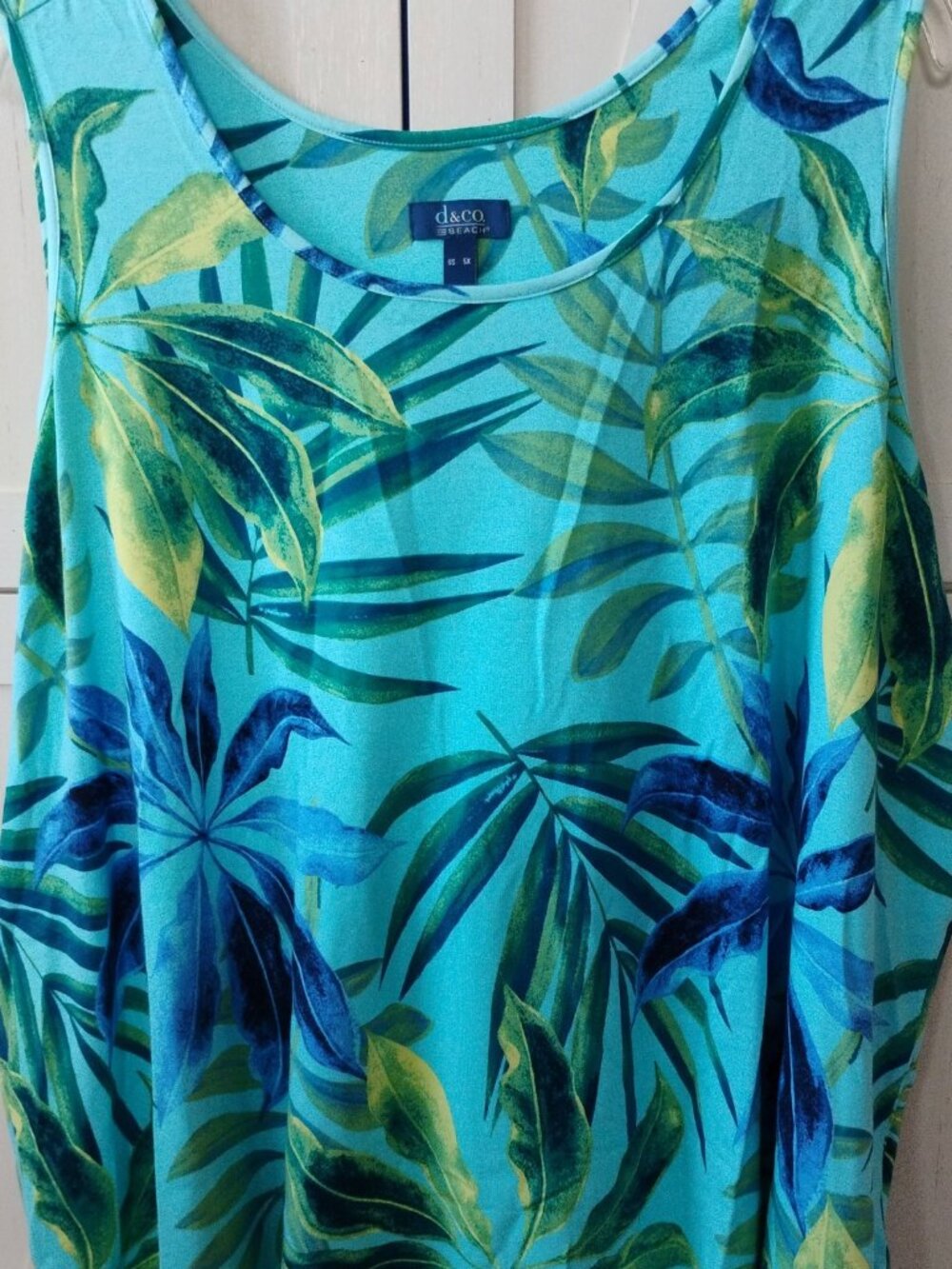 Denim & Co. Beach Blue Palm Printed Jersey Knit Tank Top- Scoop Neck-Size 5X NWT